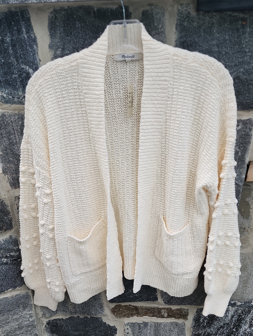 Madewell Cream Textured Open-Front Bobble-Sleeve Cardigan size Small
